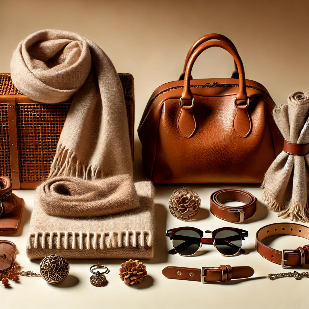 DALL·E 2024-11-05 20.39.35 - A warm, inviting lifestyle scene featuring stylish accessories arranged neatly on a neutral background. The accessories should include items for both